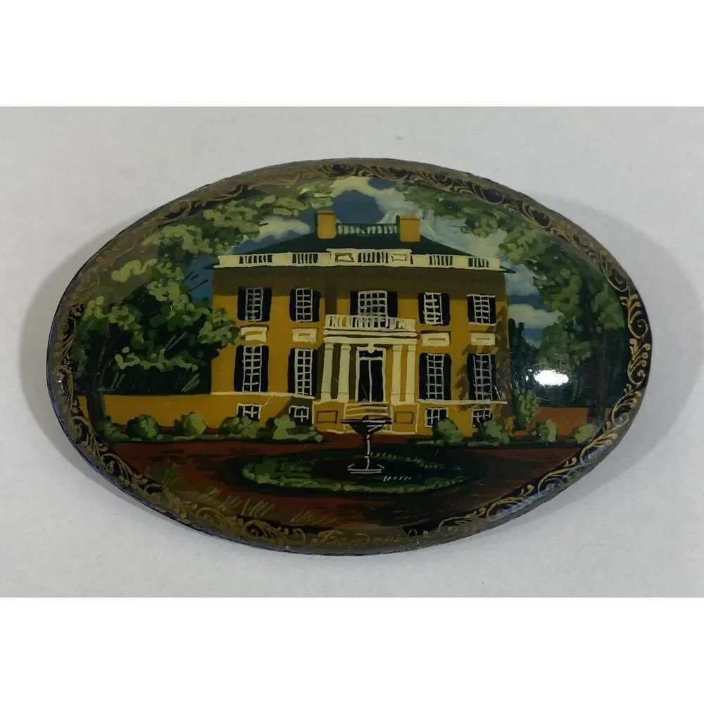 Vintage Handpainted Russian‎ Miniature Scene Landscape Brooch With House 2.5”